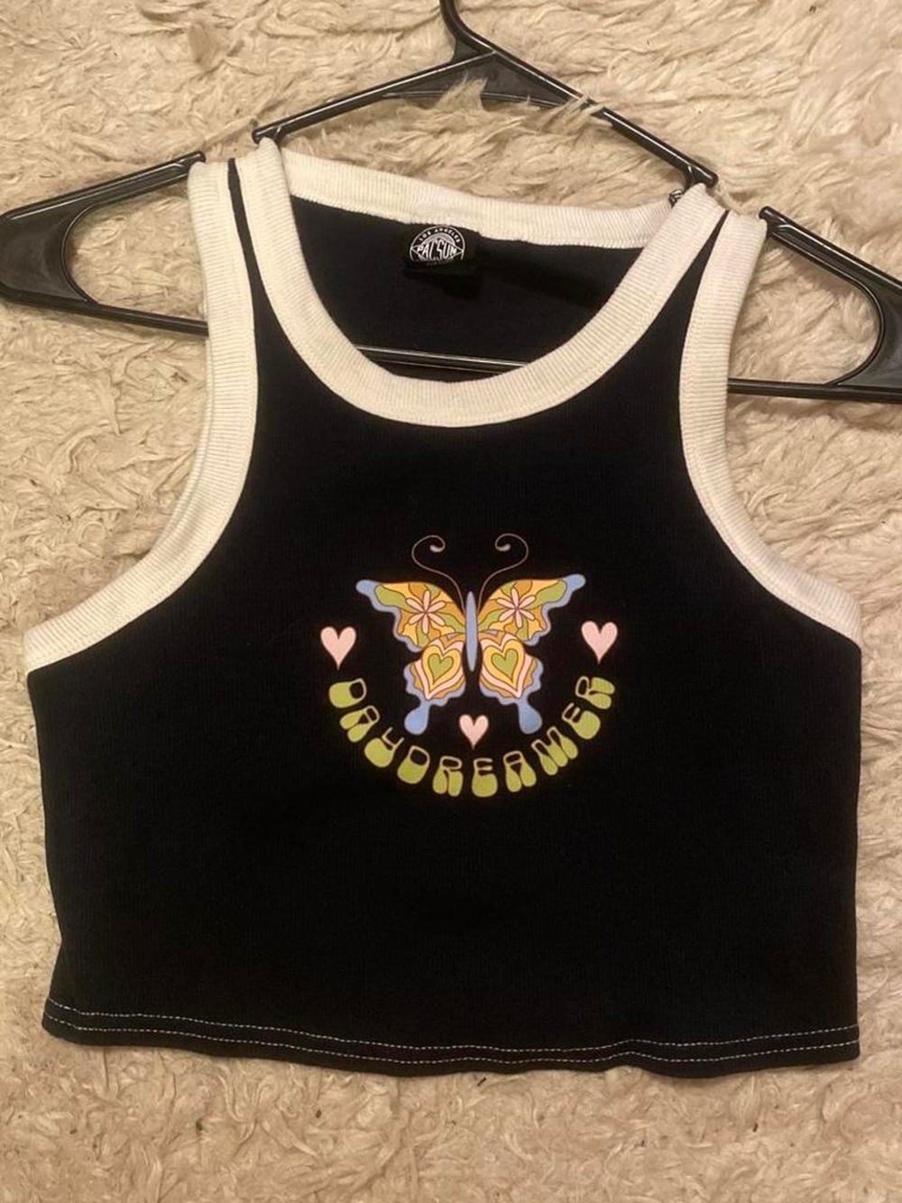 PacSun Black Crop Tank with White Trim and Pastel Butterfly